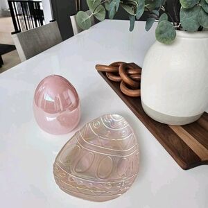 Easter Iridescent Egg-Shaped Glass Dish and Pink Decorative Egg